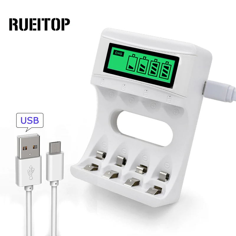 

RUEITOP Intelligent 4 Slots USB Smart LCD Battery Charger Charge For AA / AAA NiCd NiMh Rechargeable Batteries
