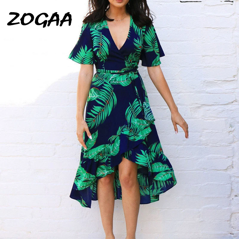 

Women Dress Boho Green Leaves Print V-neck High-waist Bandage Ruffles Long Dress Lady Summer Evening Party Beach Vestidos 2019