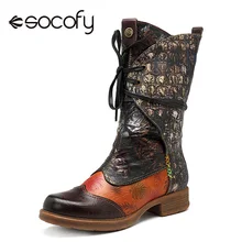 Socofy/ковбойские сапоги до середины икры из натуральной кожи женская обувь женские винтажные повседневные ковбойские зимние сапоги на шнуровке для девочек, Botas Mujer