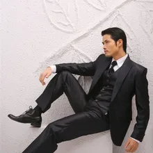 Индивидуальный заказ смокинг жениха блестящий черный женихов заостренный лацкан Свадебные/ужин Костюмы Best Man жениха(пиджак+ штаны+ галстук+ жилет) B298