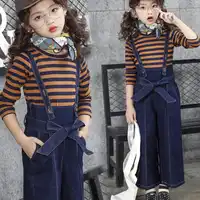 2018 Fashion Casual Toddler Teenage Girls Clothing Sets Striped Shirt+Denim Straps Pants 2 Pcs Children Kids Clothes Set JW3365