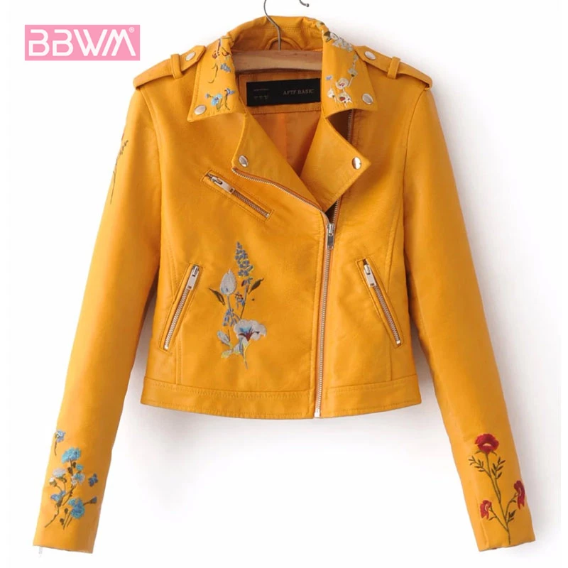 

Embroidery female 2018 autumn new Korean version of the lapel locomotive PU leather short-sleeved lapel jacket Yellow pink Coat