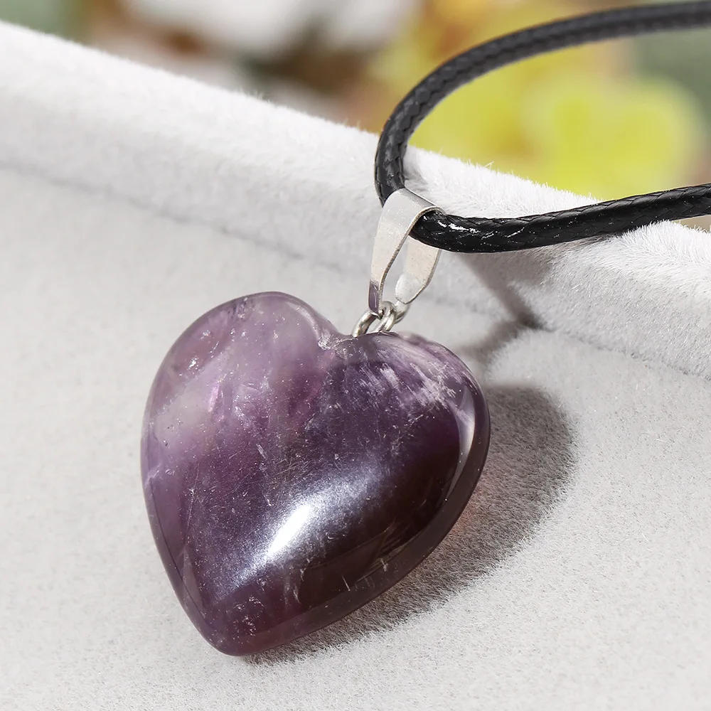 Charm Heart Purple Natural Stone Pendant Necklaces Choker For Women