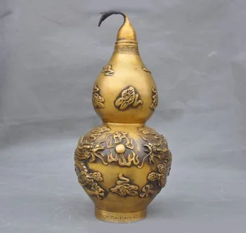 

christmas 11"Marked old Chinese bronze carving two Dragon play Beads Clouds gourd statue New Year