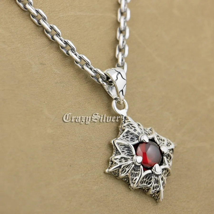 

925 Sterling Silver Prismatic Claw Red CZ Stone Pendant 9S104A 92.5% Sterling Silver Necklace 24 inches