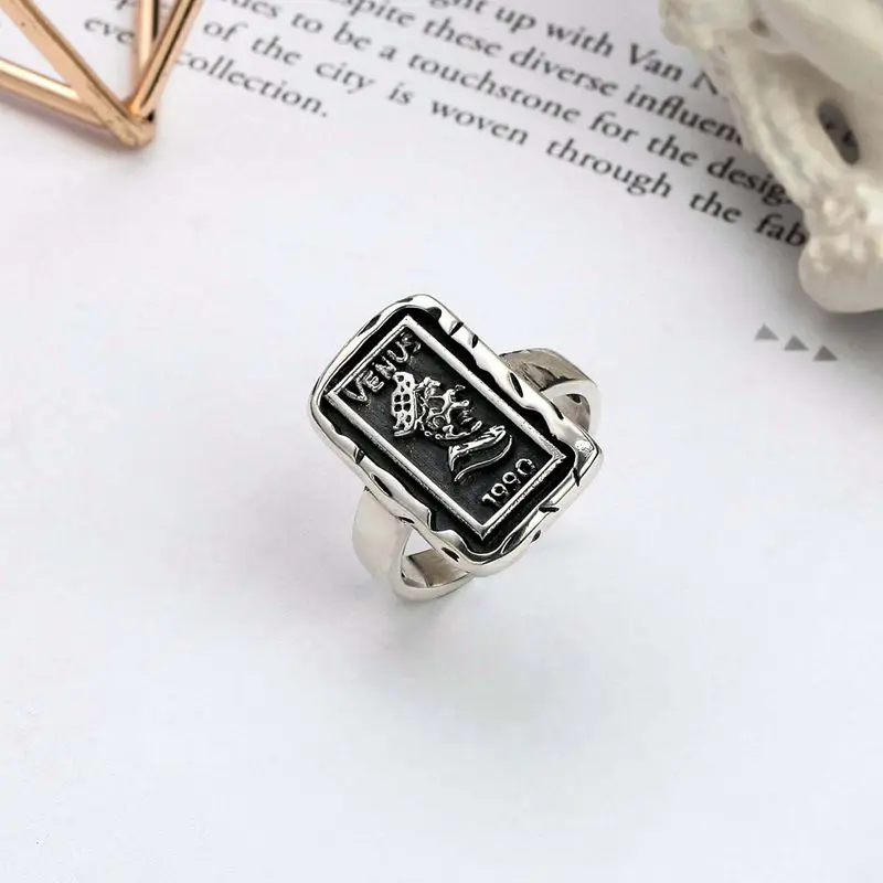 Silvology 925 Sterling Silver Square Figure Rings Vintage Do Old Coin Creative Venus Rings For Women Elegant Korea Jewelry