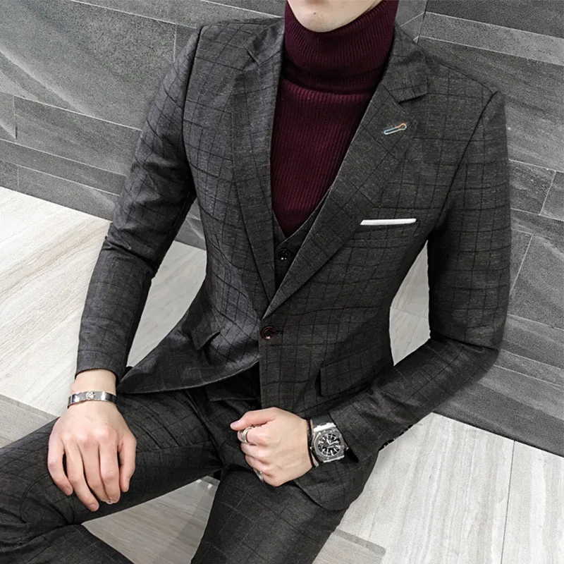 

2019 yards British gentleman, cultivate one's morality checked suit suit men's fashion The groom dress A three-piece