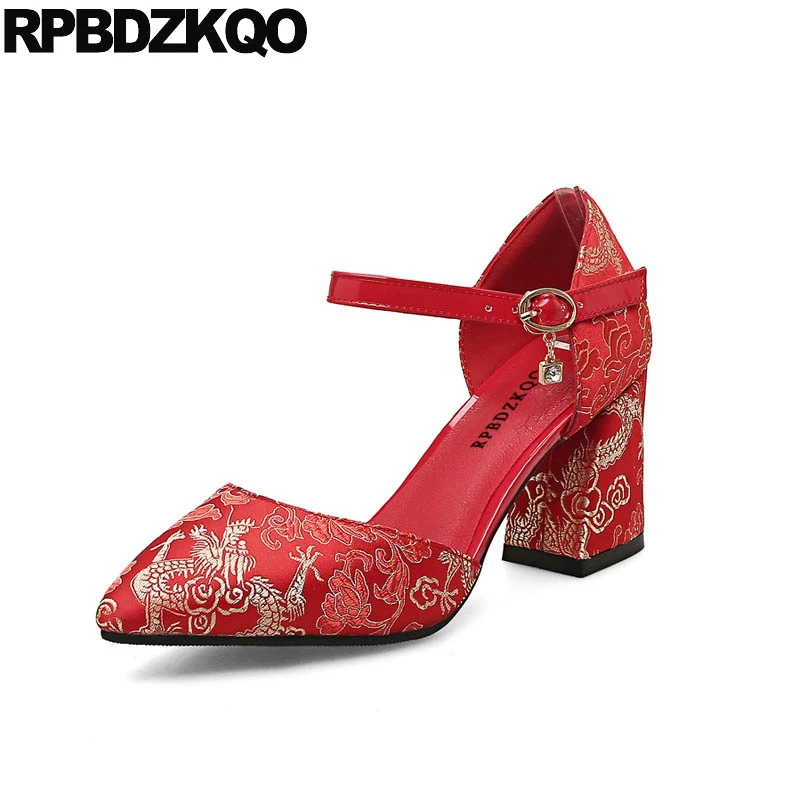 floral embroidered pointed toe chunky heeled sandals