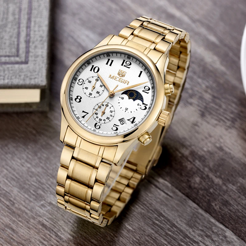 

Mens Watches Top Brand Luxury Megir Full Steel Fashion Business Watch Men Clock Male Moon Phase Chronograph Quartz Watch Men