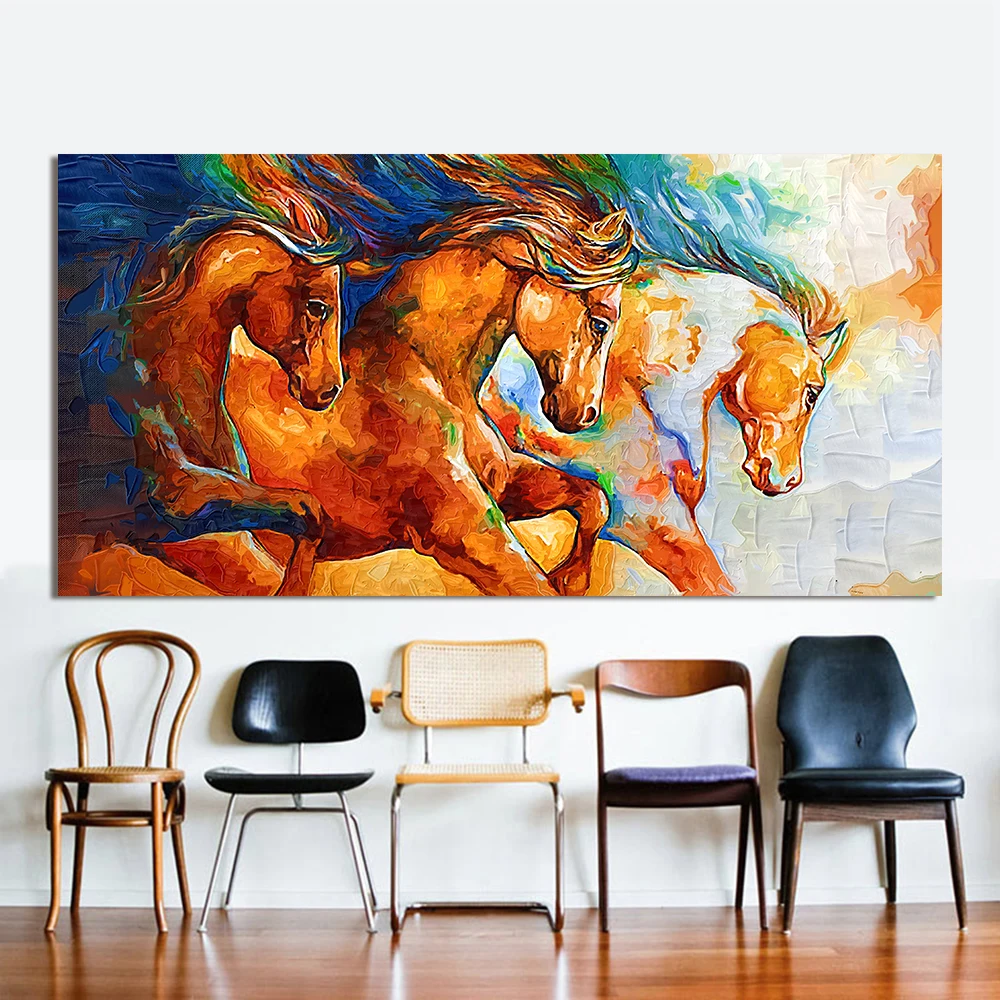 

Canvas wall art 100% handpainted Three Horses Running oil Painting Animal Picture animal oil painting For Living Room Home Decor
