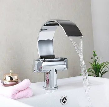 

Homedec Dual Handle Waterfall Bathroom Vanity Sink Faucet Extra Large Crooked Spout Chrome Lavatory Widespread Mixer Taps