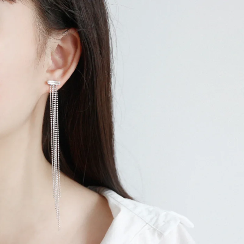 

MissYe 925 sterling silver earrings jewelry square zircon chain tassel Drop earrings white gold woman