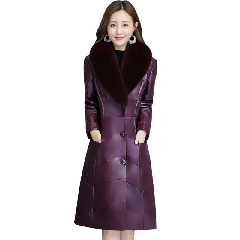 WERTUIOP Winter Leather Down Jacket Female Coat Parka Long