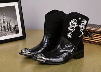 

Red high-heeled pointed boots embroidery genuine leather high top fashion ankle boots for men EU46 large size red/black