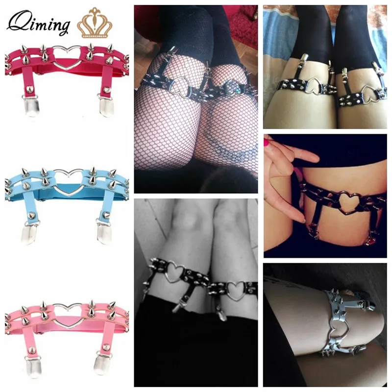 

Black Leather Garter Belt Stockings Women Gothic Harajuku Body Sexy Jewelry Punk Hollow Love Rivet Leg Ring Elastic Belts Gift