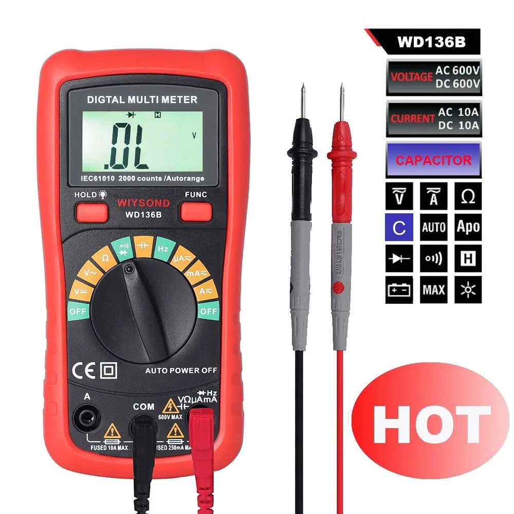 M082 WD136B Digital Multimeter DMM AC DC V A R C F + 2000uF Capacitance