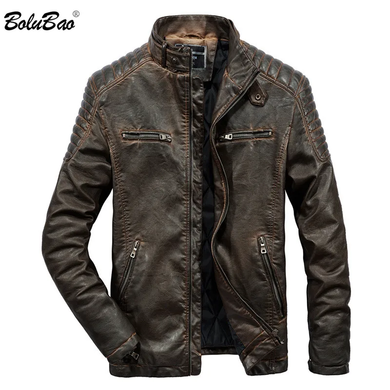 

BOLUBAO Brand Men Winter Jacket Distressed 2019 Motorcycle PU Retro Style Lined Fleece Jacket Male Warm Leather Jackets