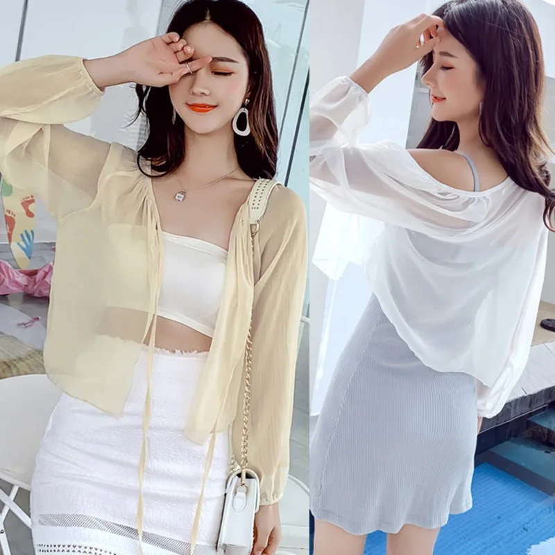 

Women Solid Loose Chiffon Kimono Cardigan Long Sleeve Short Blouse Summer Lace Up Perspective Shirt Beach Cover Up Plus Size