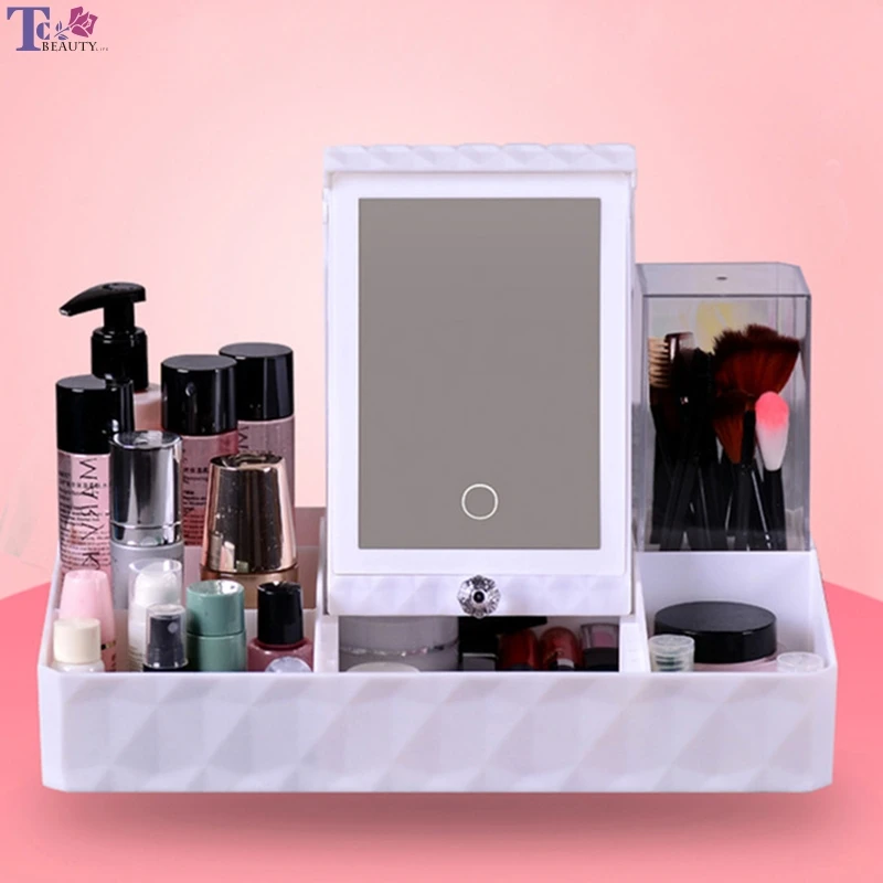 

LED Makeup Mirror With Lights Folding USB Charge Led Makeup Desktop Mirror Storage Function Cosmetic Lamp Personalize Mirrors