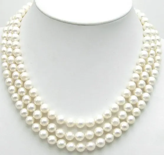 AAA высокое качество 7-8 мм идеальная Круглая Белая жемчужина 3 пряди ожерелье с серебряной застежкой-5348 и розничная