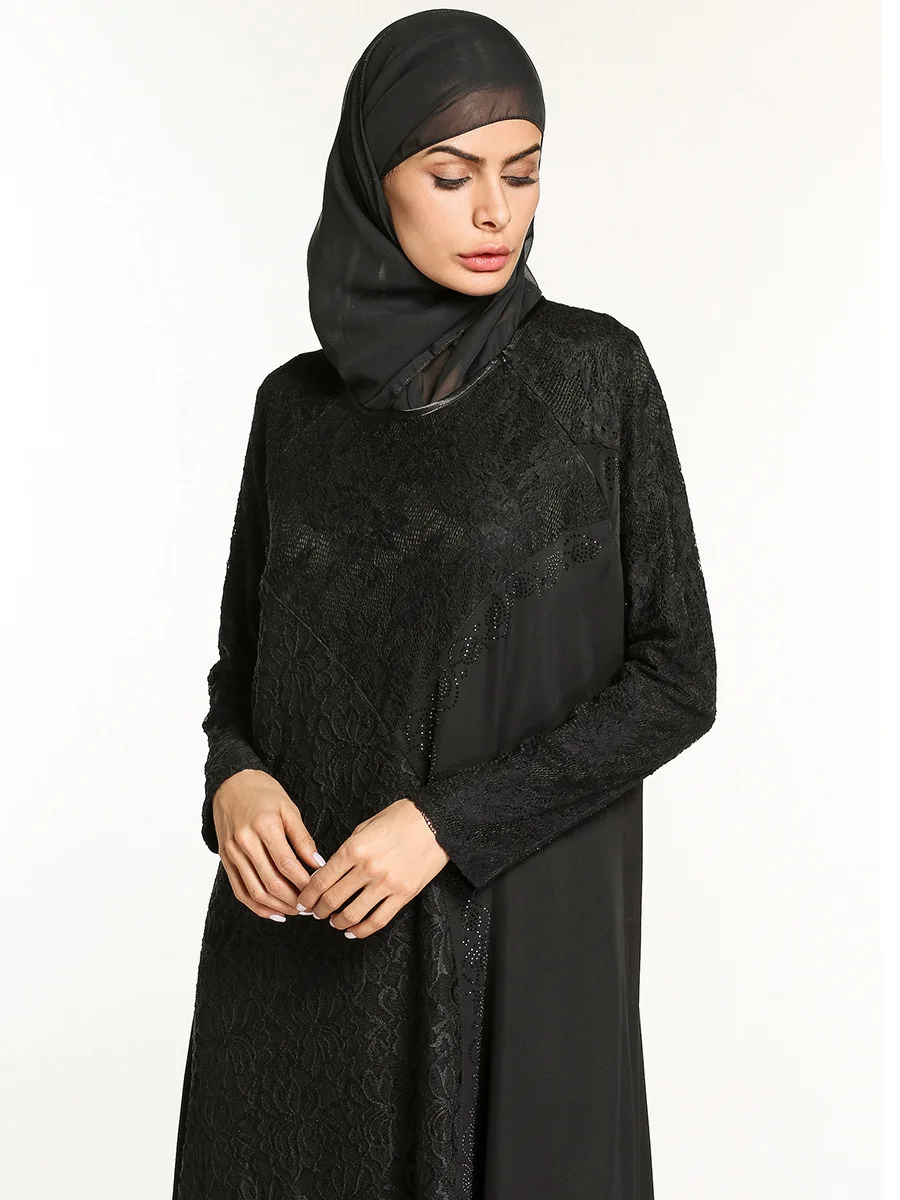 Мусульманское черное кружевное Макси платье Abaya кимоно бриллианты длинное