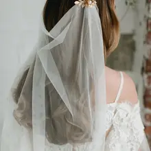 Свадебная вуаль с золотыми листьями и бисером; свадебная фата средней длины; свадебные аксессуары для волос