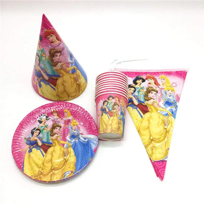 

40Pcs/Lot Hot Sales Disney Six Princess Belle Theme Cups+Plates+Flags+Caps Kids Birthday Party Pink Tableware Decoration Supply