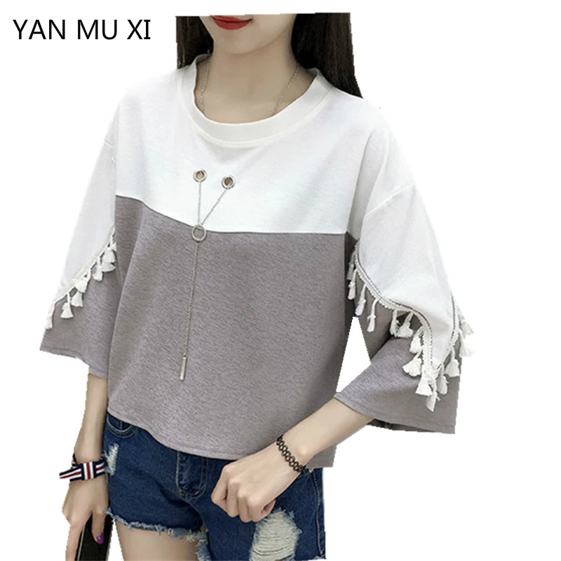 

YANMUXI Fashion Tassel Seven Sleeve Loose T-shirt Female Student Bat Sleeve Tops 2017 Summer Women 7 Points Sleeve T-shirt