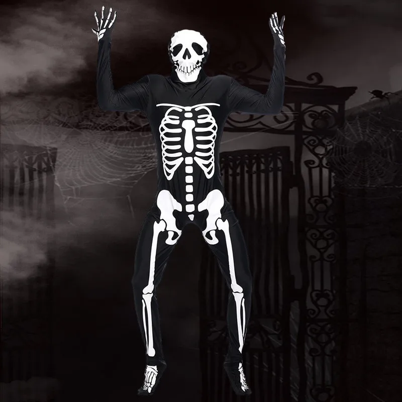 Хэллоуин мужские костюмы для косплея человеческий скелет Косплей страшные костюмы черно-белые комбинезоны костюмы набор