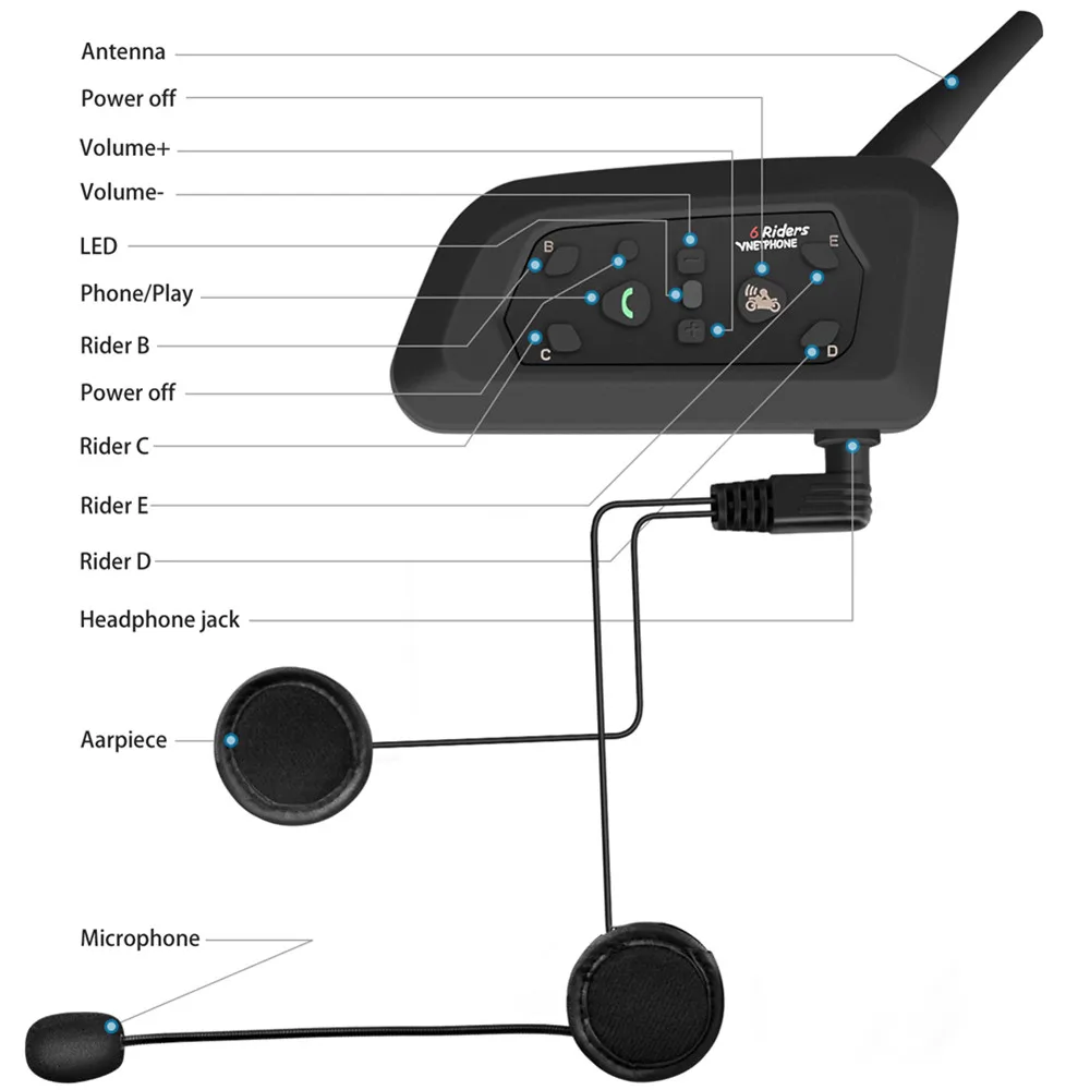 2 uds auriculares inalámbricos Bluetooth Intercomunicador de motocicleta 1200m Multi-interfono parl