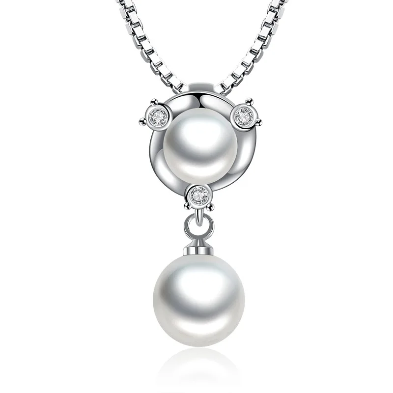 

100% 925 sterling silver fashion imitation pearl crystal ladies`pendant necklaces women short box chain wedding jewelry gift
