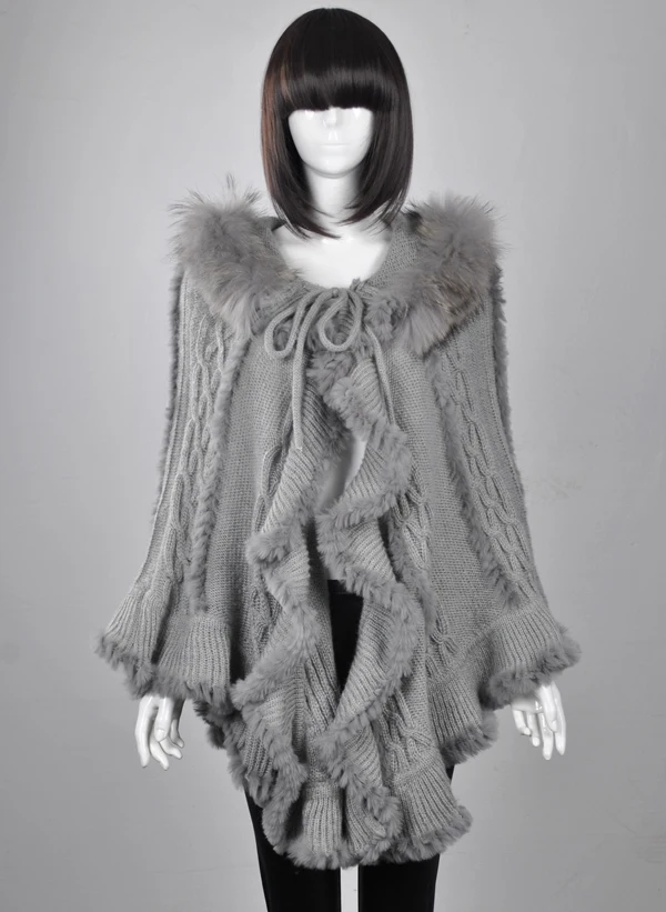 

GTC072 FREE SHIPPING 2014 WOMENS WINTER FASHION FEMALE KNIT RABBIT FUR HOODED SWEATER PONCHOS CAPES WITH HOOD COAT OUTWEAR
