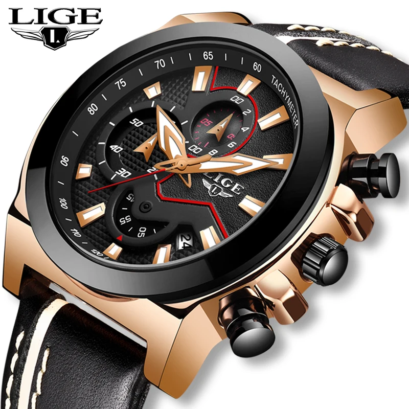 

LIGE Mens Watches Top Brand Luxury New Military Sport Watch Men Leather Waterproof Watch Quartz Wristwatch Relogio Masculino+Box