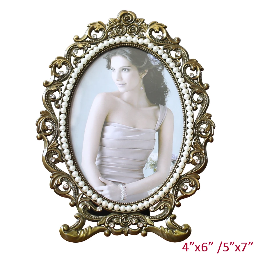 

European Antique Brass Silver Plating Hollow Rose Flower With White Pearls Inlaid 4x6, 5x7 inches Oval Footed Metal Photo Frame