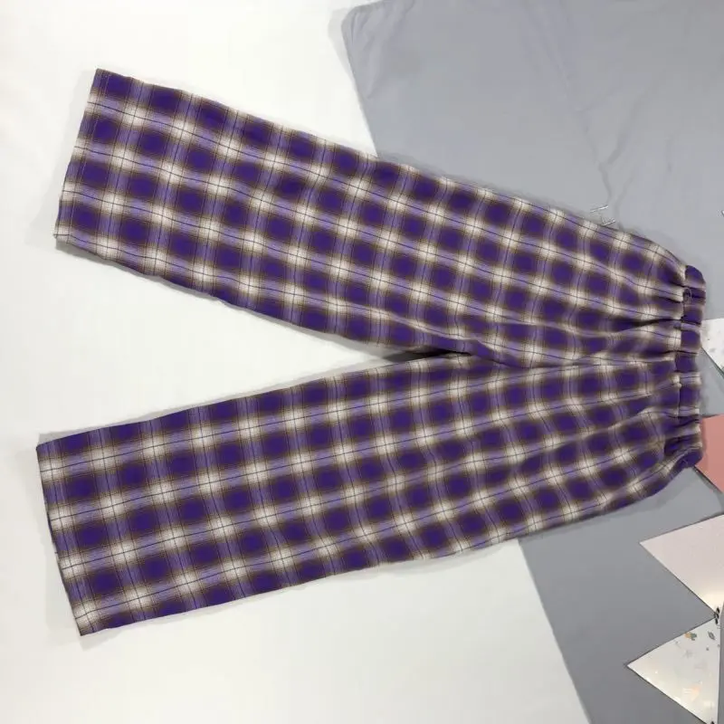 Летние фиолетовые клетчатые брюки с вышивкой и завязками; брюки с высокой талией; эластичная укороченная женская повседневная одежда; Капри с рисунком