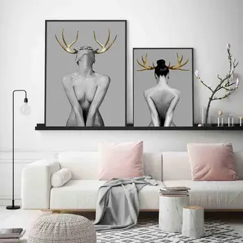 

Naked Woman Poster Antlers Canvas Painting Grey Posters and Prints Modern Wall Pop Art Picture For Living Room Decor For Home