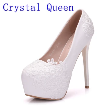 

Crystal Queen Bridal Shoes Summer Hollow White Lace Beautiful Wedding Marriage Flower High-heeled Women's Pumps Woman Shoes