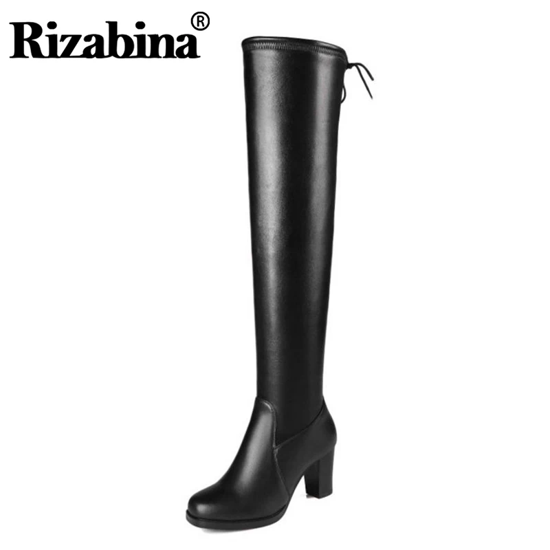 RIZABINA Women Natural Real Leather Over The Knee Winter Boots Square
Heel Fashion Zipper Women Boots Shoes Plus Size 31-45