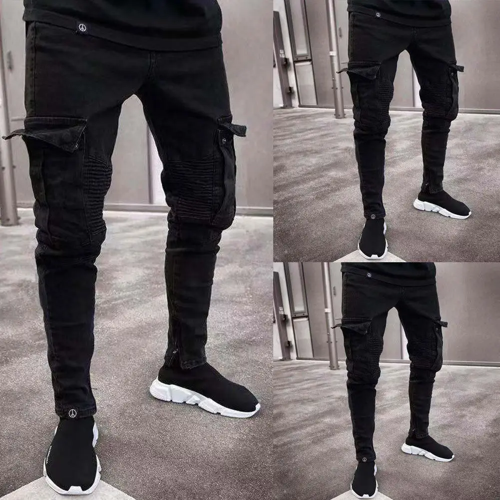 

2019 Fashion Black Jean Men Denim Skinny Biker Jeans Destroyed Frayed Slim Fit Pocket Cargo Pencil Pants Plus Size S-3XL