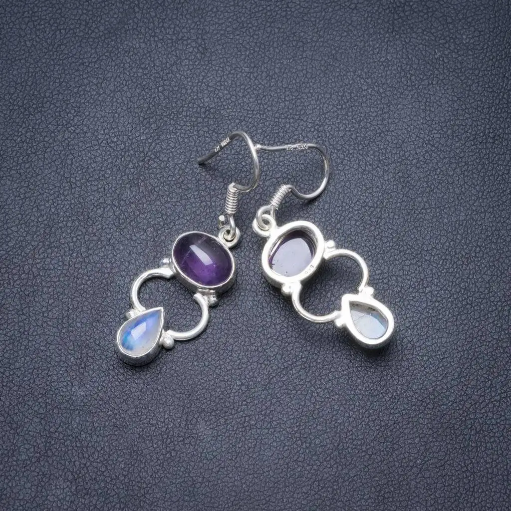 

Natural Amethyst and Rainbow Moonstone Handmade Unique 925 Sterling Silver Earrings 1 3/4" Y2368