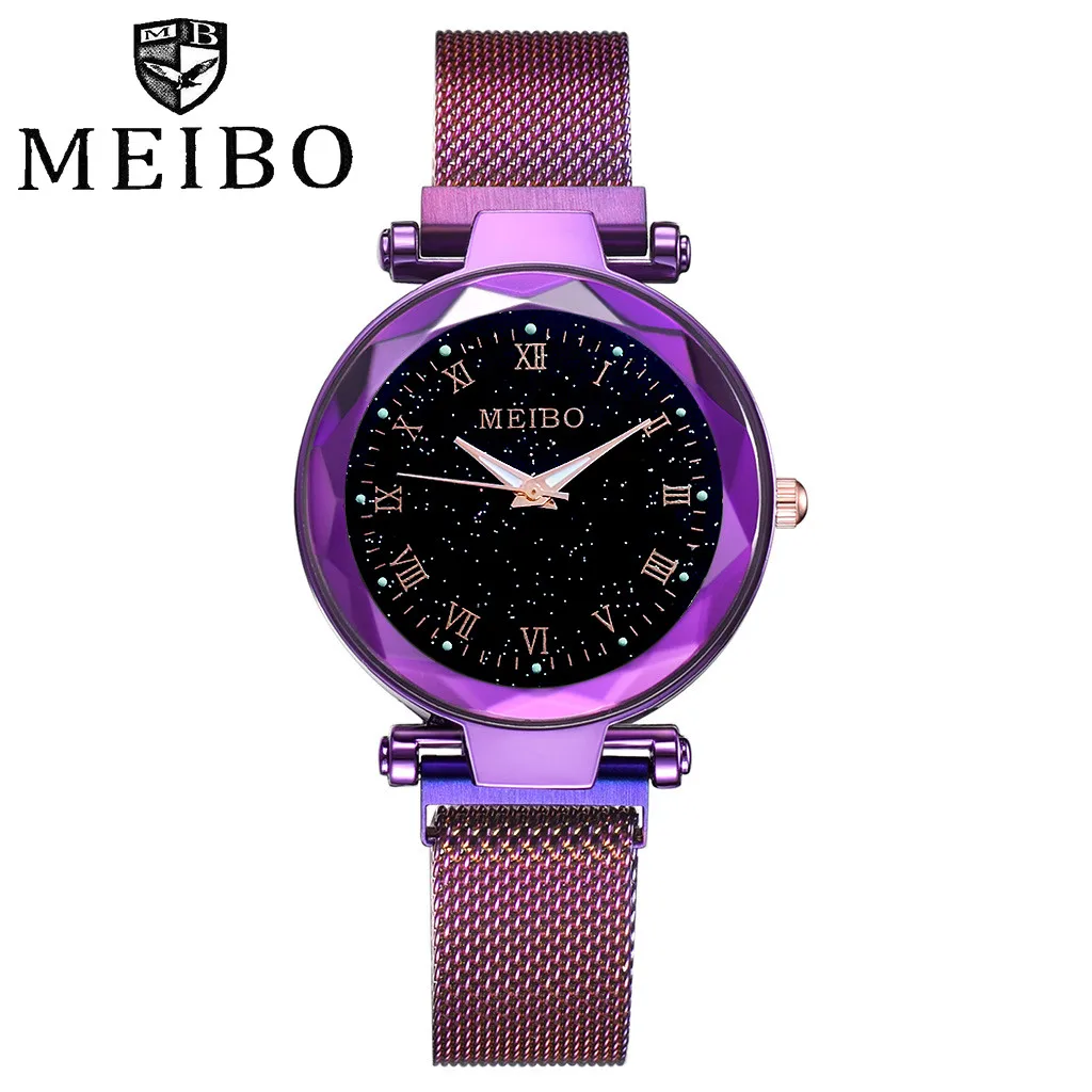 Модные звездное небо плоские стеклянные часы женские Reloj Mujer кварцевые сетки с магнитной пряжкой женские часы Роскошные наручные часы - Цвет: Purple