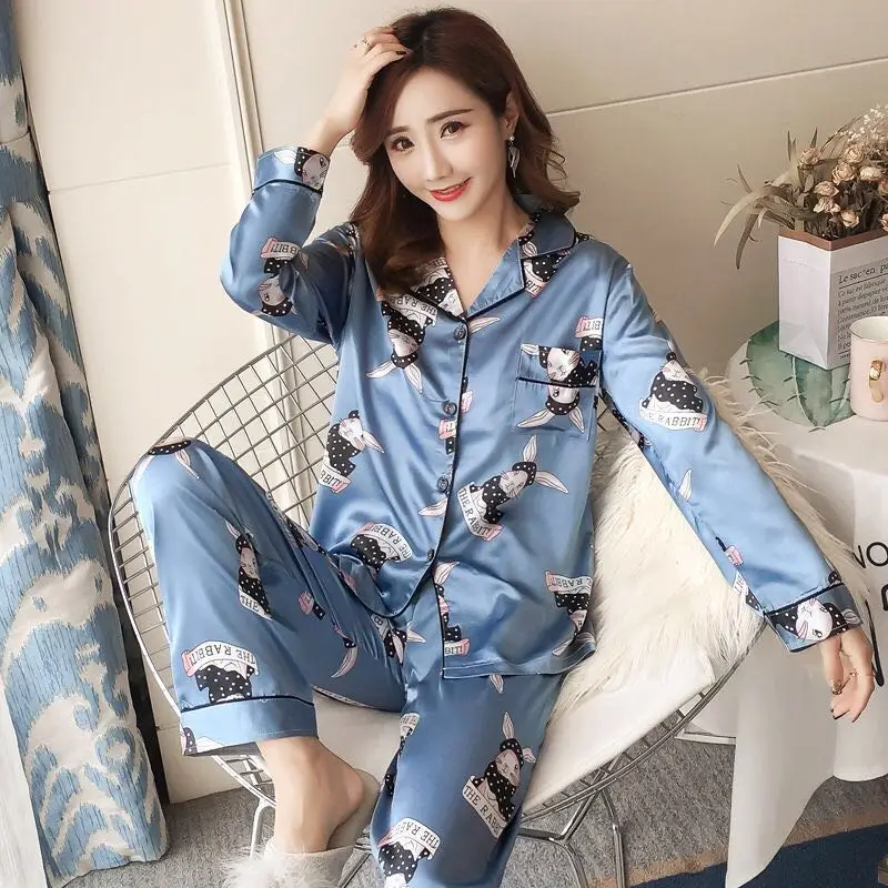 

Sexy Print Pajamas Set Women Silk Rayon Summer Pyjamas Female Long Shirt Pants Stitch Lingerie Home Sleepwear