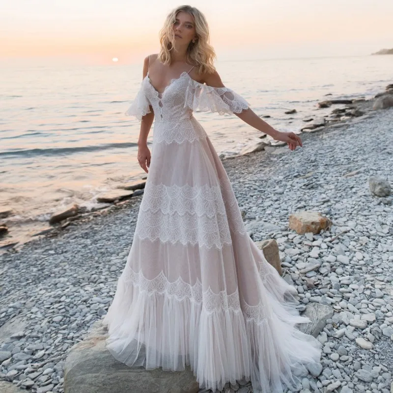 UMK Sexy Backless Lace-up Boho Wedding Dress V Neck Spaghetti straps Ruffles Sleeve A-Line Lace Bridal Gowns | Свадьбы и торжества