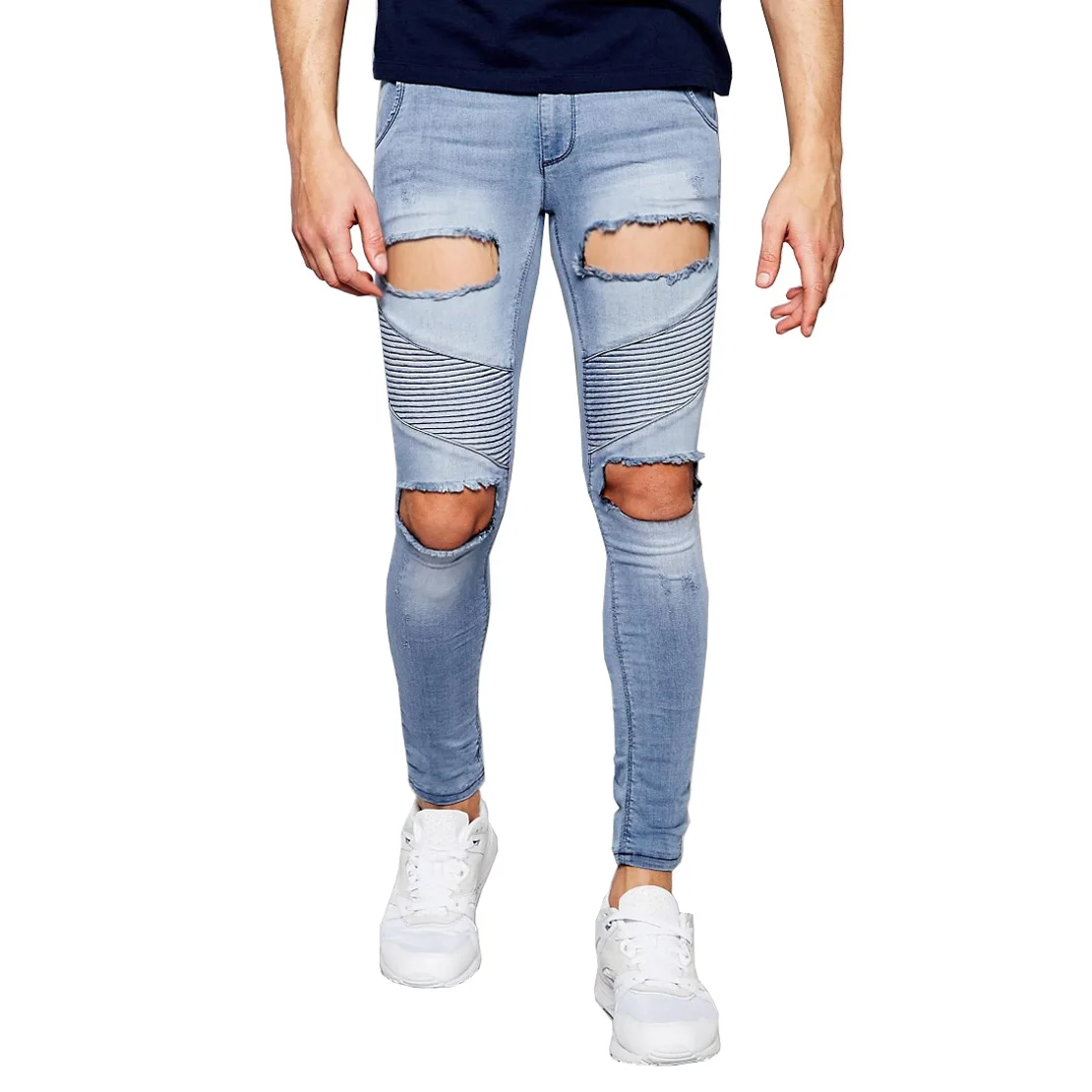 

2017 New Men Jeans Extreme Rips Hole Hip Hop Fashion Designer Brand Slim Skinny Denim Distressed Biker Jeans vT0268