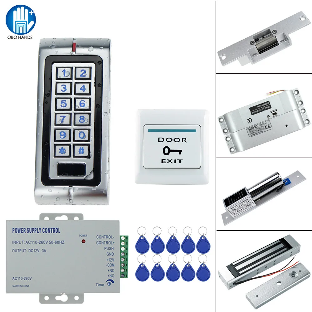 

IP65 Waterproof Access Control Lock System Kit 125KHz RFID Metal Keypad with Electronic Strike/Bolt Lock+Power Supply Switch