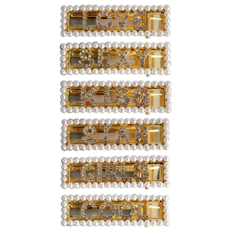 

6 Pcs/set Rectangular Duckbill Clips Women Lady Girls Artificial Pearl Hairpin Fashion Rhinestone Letter Hair Clip