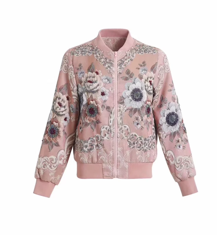

Autumn and winter women's new 3D pink printed beaded jacket women's jacket 181128GM05