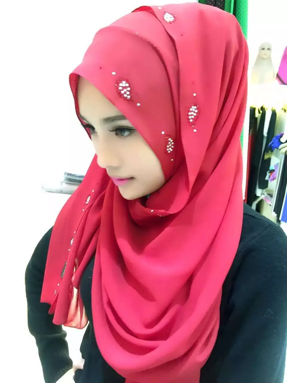 10 цветов шифоновый хиджаб шарф, Женский хиджаб платок на голову с бусинами камни, длинные шали обертывания Джерси мусульманский шарф - Цвет: Color 10