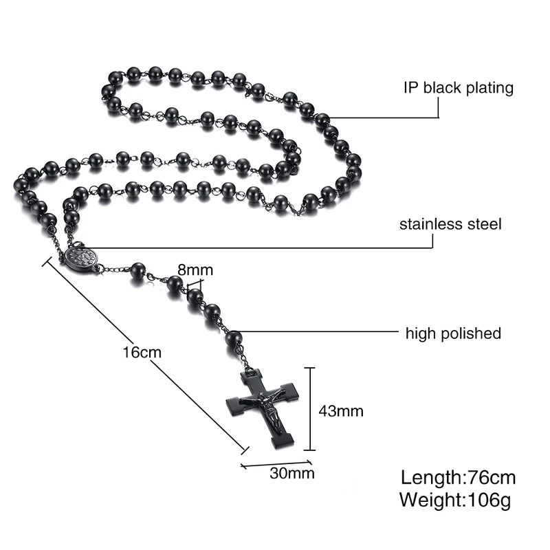 Meaeguet 76 см цепь черная из нержавеющей стали бусина цепочка Розарий Иисус Христос крест кулон длинное Очаровательное ожерелье для мужчин - Окраска металла: 351-76cm