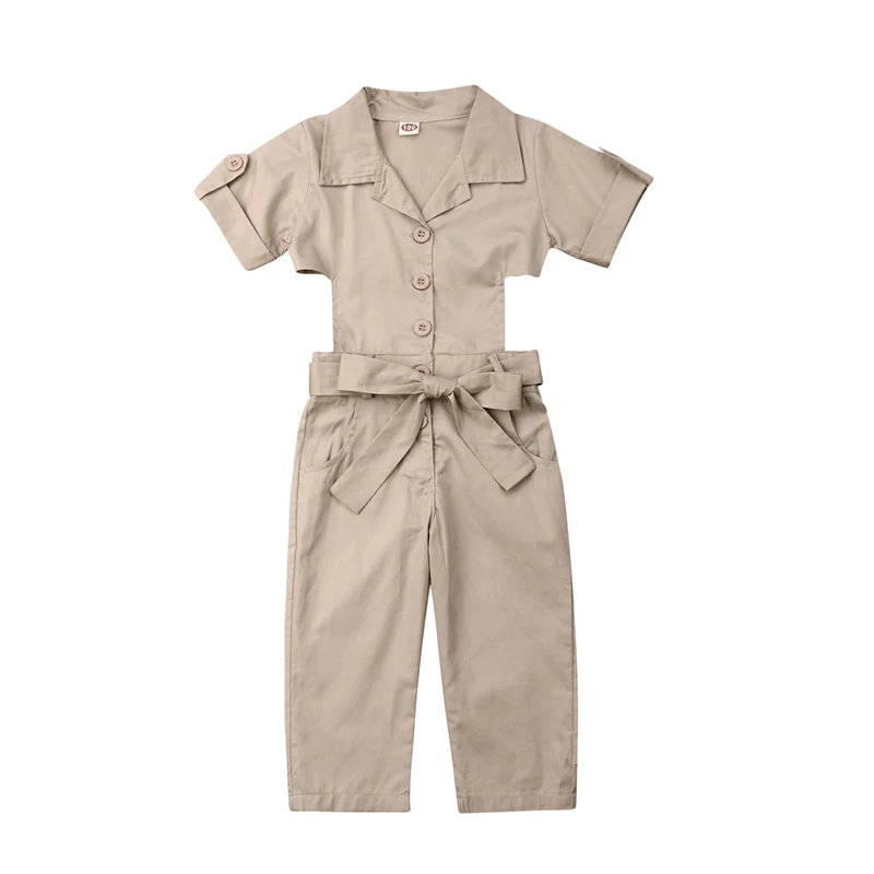 

2019 Summer Short Sleeve Belt Bowknot Rompers Cool Solid Jumpsuit Costume Clothing Trousers Outfit Kids Baby Girl Romper Clothes